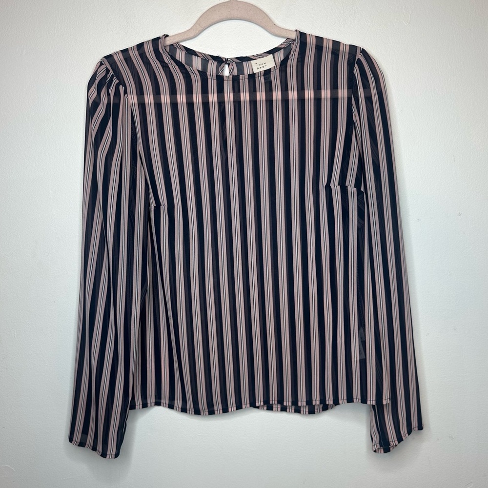 A New Day Women’s Sheer Pink Navy Blue Striped Long Sleeve Blouse Size Medium